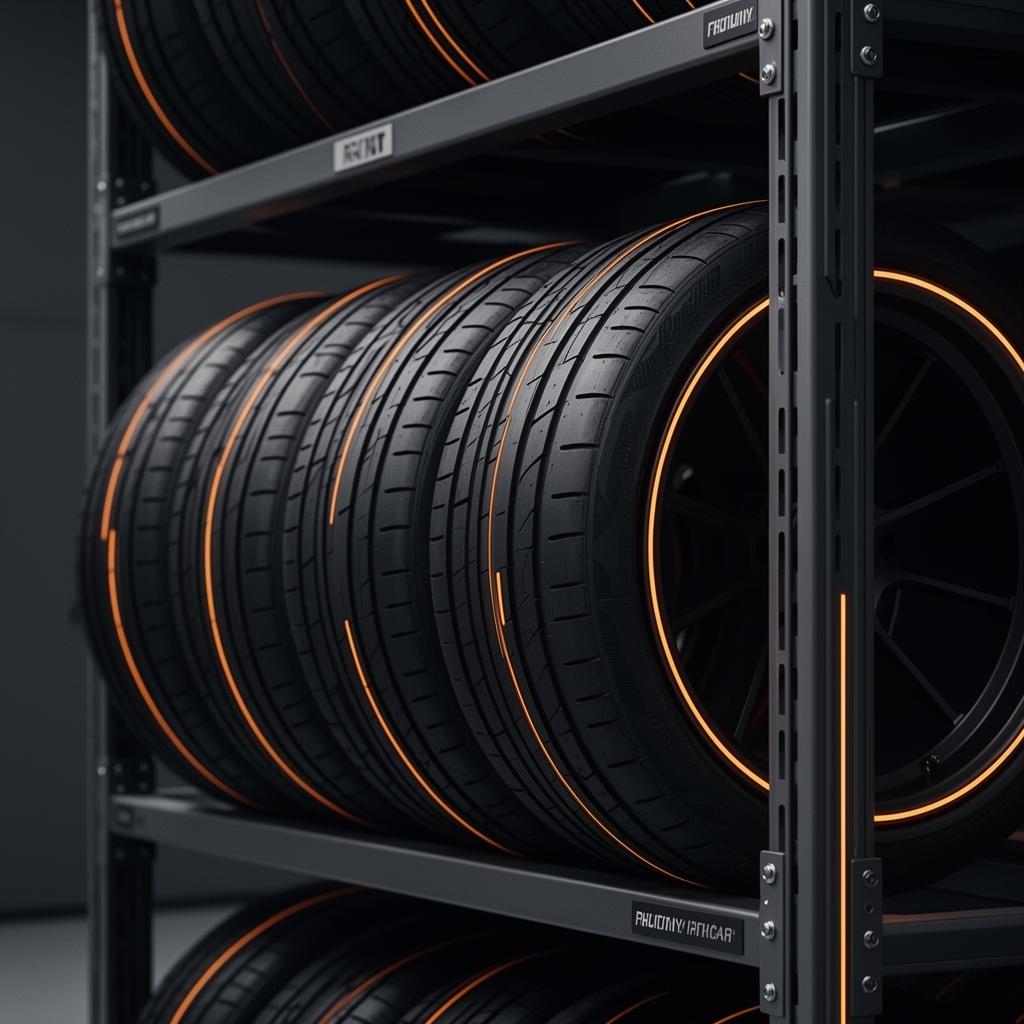 Luxury tires organized on professional industrial shelving